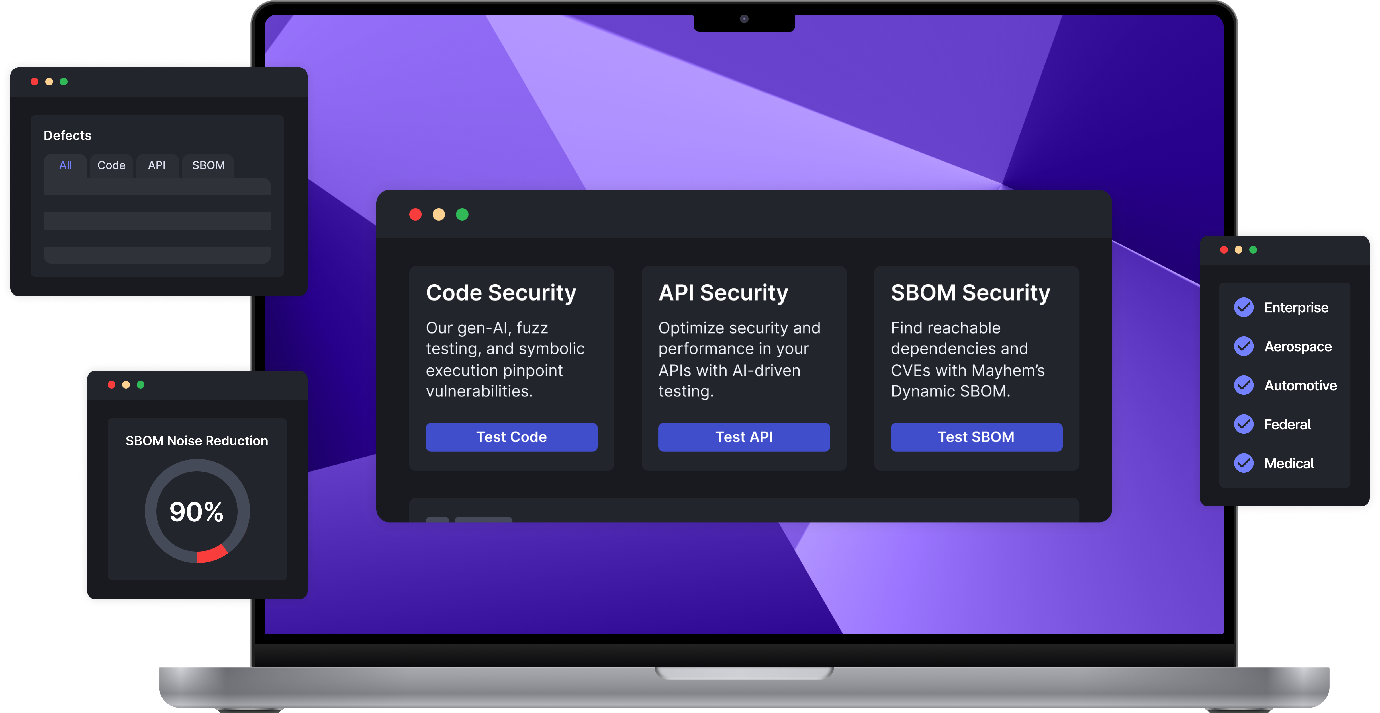 Graphic hero image of a laptop with UI mockups on and around conveying Mayhem's value. Shows that Mayhem is one single platform that does Code and API security, as well as offers a dynamic sbom service.